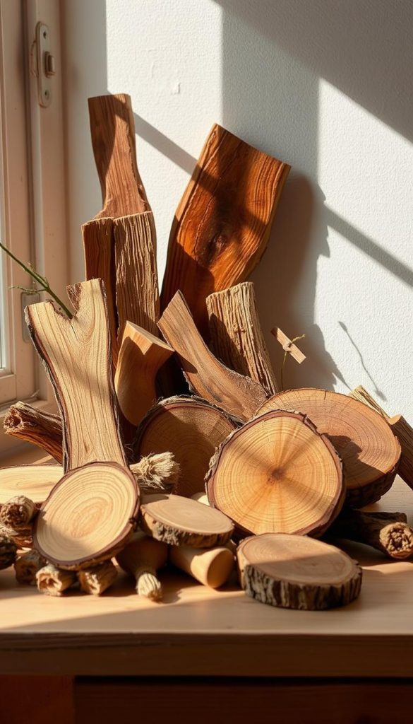 A rustic still life showcasing an assortment of natural wood scraps and offcuts in warm, earthy tones. Sunlight filters through a window, casting soft shadows and highlighting the unique grains and textures of the various wooden pieces. Artfully arranged on a simple wooden surface, the pieces evoke a sense of DIY craftsmanship and the cozy charm of homemade winter decor. The overall mood is one of authenticity and inspiration, inviting the viewer to explore the creative potential of KlickKiste's wood remnants. A rustic still life showcasing an assortment of natural wood scraps and offcuts in warm, earthy tones. Sunlight filters through a window, casting soft shadows and highlighting the unique grains and textures of the various wooden pieces. Artfully arranged on a simple wooden surface, the pieces evoke a sense of DIY craftsmanship and the cozy charm of homemade winter decor. The overall mood is one of authenticity and inspiration, inviting the viewer to explore the creative potential of KlickKiste's wood remnants.