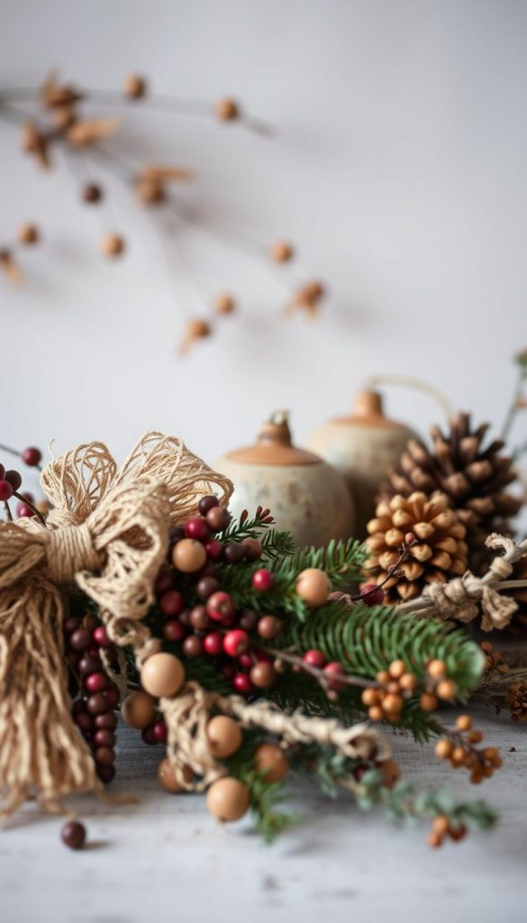 A rustic still life showcasing the cozy accents that make a &quot;Rustikale Türdeko mit Holz, Zapfen &amp; Sackleinen&quot; so charming. In the foreground, a cluster of natural raffia bows, wooden beads, and lush berry sprigs in muted tones. The middle ground features a trio of weathered ceramic ornaments in earthy hues. In the background, a sprinkling of gilded pinecones and dried botanicals create a warm, inviting ambiance. Lighting is soft and diffused, lending a nostalgic, KlickKiste-inspired aesthetic. The overall mood is one of simple elegance and winter wonder.
