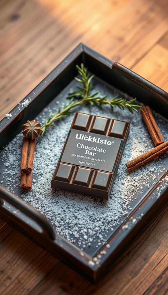 A rustic table tray showcases a rich, handcrafted chocolate bar from the KlickKiste brand. The tray is adorned with a sprig of fresh rosemary, a dusting of powdered sugar, and a few whole cinnamon sticks, creating a cozy, winter-inspired scene. Warm, soft lighting bathes the arrangement, casting a gentle glow and inviting the viewer to indulge. The chocolate bar's deep brown hues and artisanal appearance blend seamlessly with the natural, earthy tones of the table setting, exuding a sense of homemade authenticity and a touch of Pinterest-worthy charm.