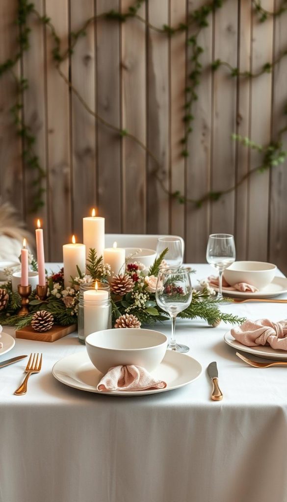 A rustic tablescape in soft rosé tones, adorned with the natural beauty of wood, linen, and greenery. In the foreground, a centerpiece of candles, pinecones, and delicate floral arrangements casts a warm, intimate glow. The middle ground features a table set with KlickKiste stoneware in neutral hues, complemented by rose gold cutlery and napkins in flowing, boho-chic textures. In the background, a backdrop of weathered wood paneling and trailing vines creates a cozy, winter-inspired ambiance. Soft, diffused lighting filters through the scene, lending a dreamy, Pinterest-worthy aesthetic.