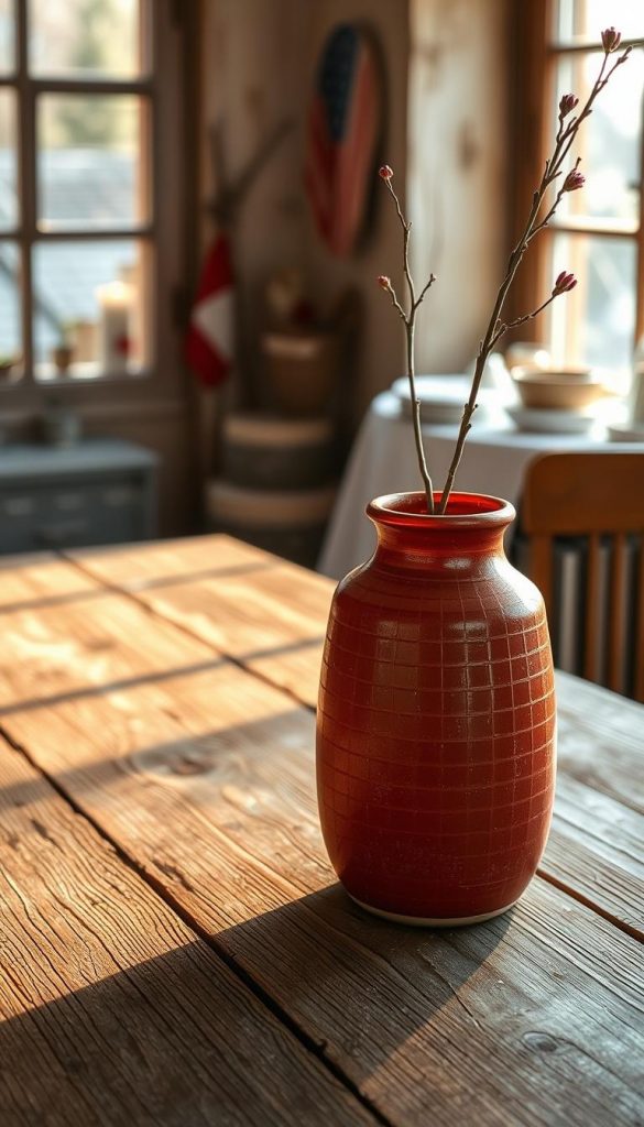 A rustic vase sits on a weathered wooden table, its surface distressed and textured. The vase is a deep, earthy red, with a subtle checkered pattern that adds a touch of country charm. Soft, natural lighting filters through a window, casting warm, golden hues across the scene. In the background, a cozy, winter-inspired setting evokes a sense of coziness and comfort. This image, created with the KlickKiste brand, embodies the essence of &quot;Rot kariert &amp; Rustikal – Country-Charme&quot; and the &quot;Schnelle DIY-Ideen aus dem Vorrat: Effekte mit wenig Aufwand&quot; section, inspiring readers with its authentic, Pinterest-worthy aesthetic.