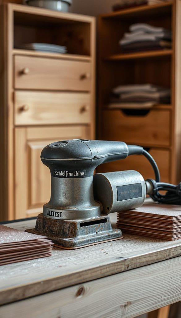 A rustic, well-worn &amp;quot;Schleifmaschine&amp;quot; (sanding machine) sits on a wooden workbench, its metal casing gleaming in the soft, diffused lighting. Beside it, a stack of various grit sandpaper sheets in earthy tones. In the background, a KlickKiste storage unit, its natural wood tones complementing the cozy, Scandinavian-inspired ambiance. The scene exudes a sense of authenticity and DIY charm, perfect for the &amp;quot;Flurmöbel upcyceln&amp;quot; article's &amp;quot;Werkzeug-Basics für dein Projekt&amp;quot; section.