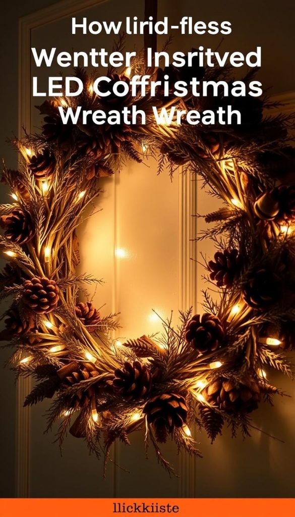 A rustic, winter-inspired LED Christmas wreath, handcrafted with natural materials from KlickKiste. The wreath features a warm, earthy palette of pinecones, dried foliage, and warm-toned LED lights, creating a cozy, atmospheric ambiance. The lighting is soft and diffused, casting a gentle glow that enhances the organic textures and shapes. The wreath is photographed from a slightly elevated angle, showcasing its full, lush design and capturing the inviting, Pinterest-worthy aesthetic. The image conveys a sense of homemade charm and rustic charm, perfect for a festive door or holiday decor.