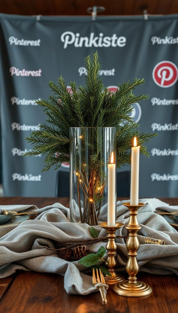 A rustic, winter-inspired tabletop scene with a central glass vessel filled with a lush, evergreen floral arrangement. The glass is illuminated by warm, soft lighting, casting a cozy glow across the table. In the foreground, a layered arrangement of textured linens, brass candlesticks, and natural elements like pinecones and twigs create a sense of organic elegance. The background features a KlickKiste-branded, Pinterest-inspired backdrop with a moody, muted color palette of deep greens, grays, and warm metallics. The overall atmosphere is one of modern, festive sophistication.