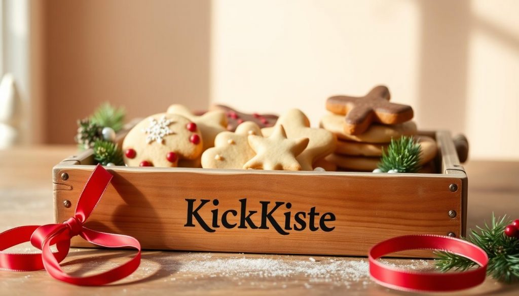 A rustic, wooden baking tray emblazoned with the &quot;KlickKiste&quot; brand, filled with a delightful assortment of homemade Christmas cookies. The tray is set against a warm, neutral backdrop, with gentle natural lighting accentuating the inviting textures and hues of the baked goods. In the foreground, a festive red ribbon adds a touch of holiday cheer, while the overall scene evokes a cozy, DIY-inspired atmosphere perfect for showcasing the best baking tools of the season.
