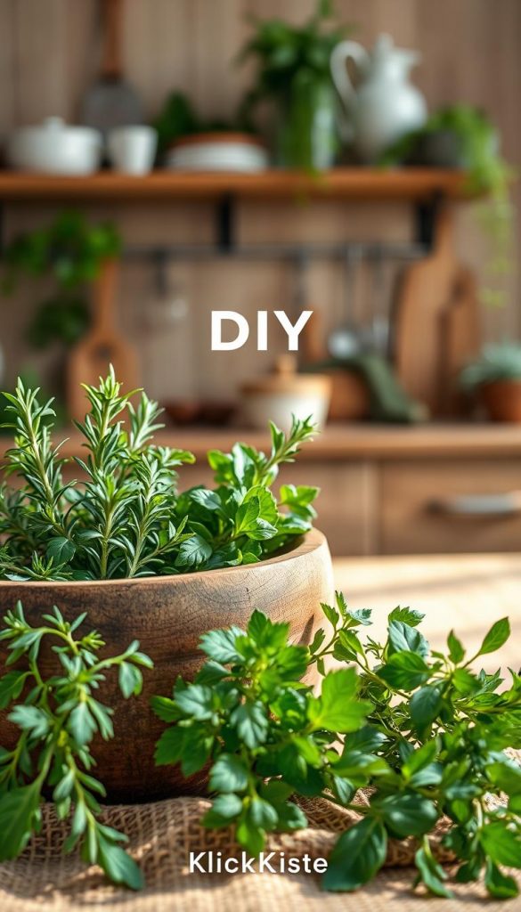 A rustic wooden bowl filled with fresh herbs, such as rosemary, basil, and thyme, placed on a warm, textured cloth. In the foreground, the herbs are vibrant and lush, showcasing their rich green hues. The middle ground features a softly blurred background of a cozy, sunlit kitchen with wooden shelves adorned with kitchen utensils and additional greenery for a natural feel. The lighting is soft and warm, reminiscent of late afternoon sunlight filtering through a window, casting gentle shadows that create a serene atmosphere. The overall mood is inviting and homely, perfect for a DIY spring decor theme. Add subtle branding elements, emphasizing "KlickKiste" in a tasteful manner. The image should embody natural DIY aesthetics with Pinterest-worthy appeal.