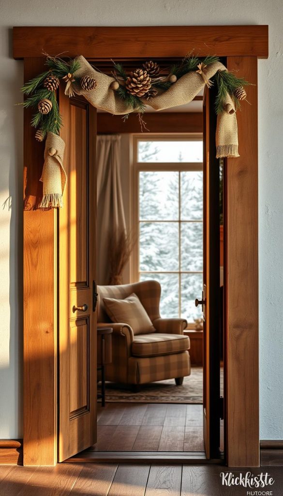 A rustic wooden door frame, adorned with pine cones, burlap sashes, and natural twigs, stands in the foreground, casting warm shadows across the scene. In the middle ground, a cozy indoor setting with a plush armchair and a flickering fireplace contrasts with the snowy, pine-laden outdoor landscape visible through the doorway. Soft, diffused lighting filters in, creating a harmonious blend of rustic charm and winter tranquility. The overall atmosphere evokes a sense of seasonal comfort and the perfect balance between interior and exterior, captured in a Pinterest-worthy KlickKiste image.
