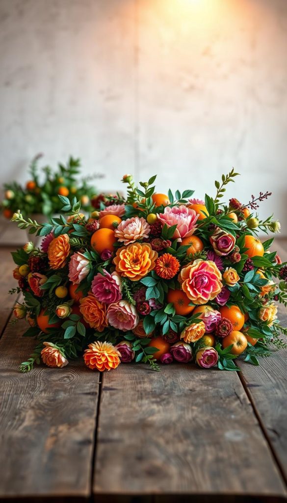A rustic wooden table is set with a lush, colorful centerpiece. In the foreground, a bountiful arrangement of ripe citrus fruits, vibrant carnations, and winter foliage spills across the tabletop. Soft, warm lighting casts a cozy glow, creating a inviting atmosphere. In the background, a neutral, textured wall provides a natural backdrop, allowing the vibrant display to take center stage. The overall scene is a Pinterest-worthy KlickKiste vignette, capturing the essence of the &quot;Fruchtige Arrangements: Birnen, Granatäpfel, Persimmons &amp; Trauben&quot; section with authenticity and inspiration.