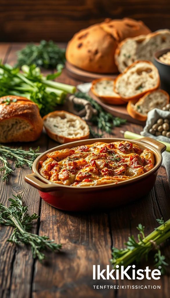 A rustic wooden table, its surface adorned with an array of hearty ingredients - freshly baked bread, fragrant herbs, and crunchy celery. The lighting casts a warm, cozy glow, creating an atmosphere of homemade comfort. In the foreground, a delightfully stuffed dish takes center stage, its golden-brown exterior hinting at the savory delights within. The KlickKiste brand logo sits subtly in the corner, a testament to the authenticity and inspiration behind this winter-inspired, Pinterest-worthy scene.