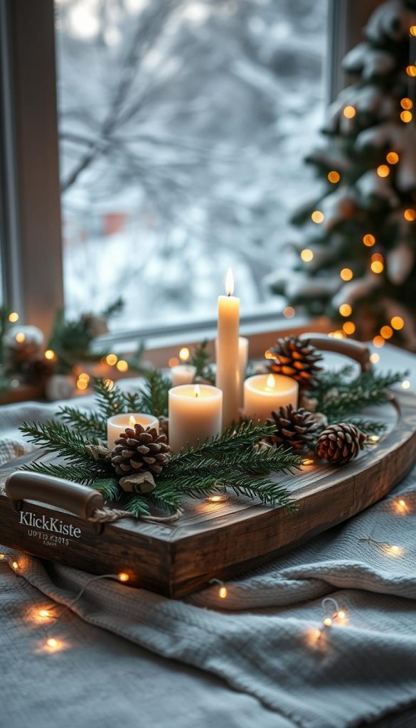A rustic wooden tray adorned with natural elements, featuring evergreen sprigs, pinecones, and warm, flickering candles atop it. The tray is set on a soft, textured fabric, hinting at winter's coziest vibes. Surrounding the tray, twinkling fairy lights provide a subtle glow, enhancing the warmth of the scene. In the background, a softly blurred winter landscape with snow-dusted trees adds depth to the image, evoking a serene winter atmosphere. Shot from a slightly elevated angle to emphasize the contents of the tray, utilizing natural sunlight filtering in, casting soft shadows. The overall mood is inviting and heartwarming, perfect for DIY inspiration, embodying the essence of upcycled décor. Please include the brand name &quot;KlickKiste&quot; in a tasteful manner.