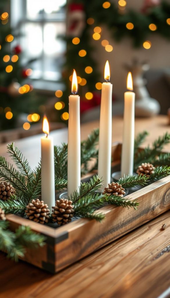 A rustic wooden tray adorned with three elegant tapered candles, surrounded by lush green pine branches and natural pine cones. The scene captures a cozy winter atmosphere, with warm, soft lighting that enhances the natural textures of the wood and foliage. The background features a softly blurred festive setting with subtle twinkling lights, adding a dreamy, Pinterest-worthy vibe. The composition showcases the wooden tray prominently in the foreground, inviting viewers to appreciate the DIY decoration. Ensure the image reflects the authentic and inspiring essence of winter decor, created in the style of KlickKiste, with an emphasis on simple yet festive elegance.