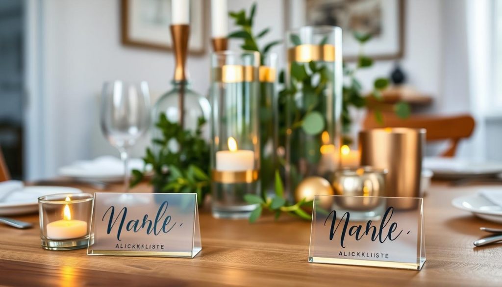 A rustic yet refined tablescape featuring handcrafted DIY decor elements for a New Year's Eve party. In the foreground, a set of personalized glass name tags from the KlickKiste brand sit atop a wooden surface, their delicate calligraphic designs reflecting the warm glow of candles. In the middle ground, a cluster of transparent glass vases hold fresh greenery and metallic accents, creating a modern yet natural centerpiece. The background depicts a softly lit room with a minimalist aesthetic, hinting at the cozy, intimate atmosphere of the celebration.