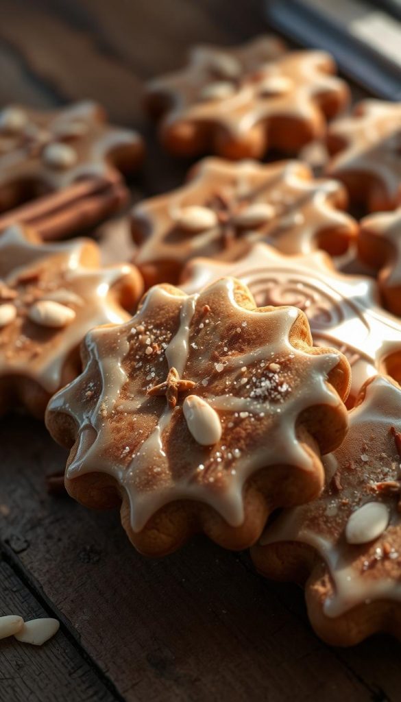 A scrumptious, freshly baked batch of Nürnberger Lebkuchen, glistening with a light glaze and adorned with a sprinkling of slivered almonds. The warm, earthy aroma of spices like cinnamon, ginger, and cloves wafts through the air, creating a cozy, winter-inspired atmosphere. The Lebkuchen are arranged on a rustic wooden surface, bathed in soft, natural lighting that casts gentle shadows, highlighting their intricate, handcrafted details. The overall scene exudes a homemade, DIY aesthetic with a touch of Pinterest-inspired charm, inviting the viewer to imagine the rich, comforting flavors and the joy of baking these traditional German treats.