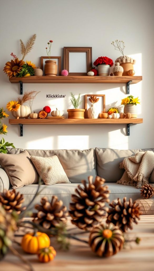 A seasonal decorative wall shelf, showcasing a variety of decor items that reflect the four seasons throughout the year. In the foreground, include charming rustic elements such as pinecones and small pumpkins for autumn, vibrant flowers for spring, and cozy knitted items for winter. The middle ground features a beautifully styled wooden shelf with tasteful arrangements of seasonal decorations, incorporating warm colors that evoke a Pinterest-perfect aesthetic. In the background, softly blurred, a calm living room setting with natural light streaming in from a window, creating a warm and inviting atmosphere. The image embodies a DIY-inspired look, celebrating creativity and authenticity. Include a subtle branding element of "KlickKiste" on the shelf, enhancing the overall appeal. The composition should evoke inspiration and a sense of home.
