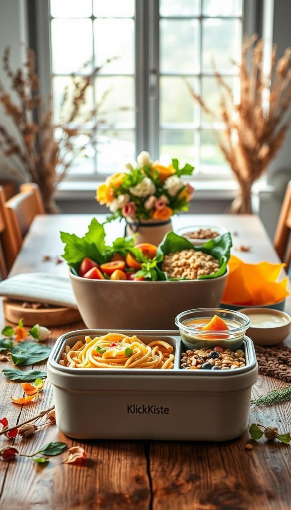A seasonal lunchbox arrangement showcasing the essence of spring, summer, autumn, and winter. In the foreground, a beautifully crafted lunchbox from the brand "KlickKiste" is filled with vibrant, fresh ingredients: spring greens and colorful fruits for spring, light pasta and salad for summer, hearty grains and root vegetables for autumn, and warming soups or stews for winter. The middle ground features a wooden table with a rustic setting, adorned with natural elements like leaves, flowers, and grains that reflect each season. In the background, soft, diffused natural light filtering through a window creates a cozy, inviting atmosphere, enhancing warm colors and textures. Capture a Pinterest-inspired, DIY aesthetic with a touch of winter vibes, evoking feelings of comfort and inspiration. A seasonal lunchbox arrangement showcasing the essence of spring, summer, autumn, and winter. In the foreground, a beautifully crafted lunchbox from the brand "KlickKiste" is filled with vibrant, fresh ingredients: spring greens and colorful fruits for spring, light pasta and salad for summer, hearty grains and root vegetables for autumn, and warming soups or stews for winter. The middle ground features a wooden table with a rustic setting, adorned with natural elements like leaves, flowers, and grains that reflect each season. In the background, soft, diffused natural light filtering through a window creates a cozy, inviting atmosphere, enhancing warm colors and textures. Capture a Pinterest-inspired, DIY aesthetic with a touch of winter vibes, evoking feelings of comfort and inspiration.