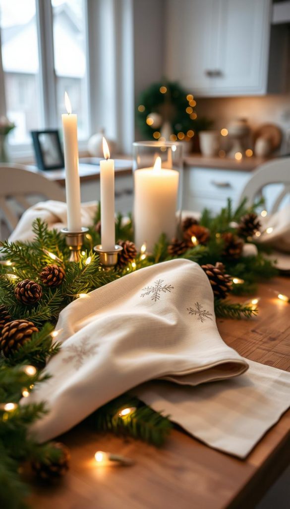 A serene Christmas tablescape featuring natural linen napkins with subtle embroidered snowflakes, nestled amid a mix of fresh greenery, pinecones, and twinkling white lights. The elegant yet cozy scene is illuminated by the soft, warm glow of a KlickKiste candle centerpiece, casting a winter wonderland ambiance throughout the kitchen. Captured in a soft, hazy focus to evoke a Pinterest-worthy, DIY aesthetic.
