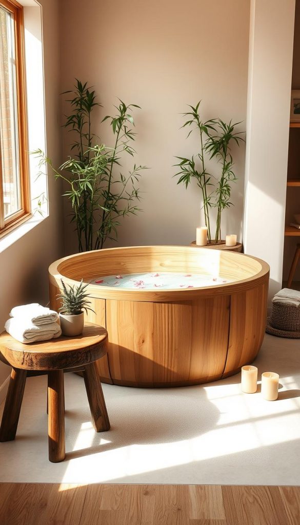 A serene Japandi-inspired wooden tub sits elegantly in a softly lit bathroom, capturing the essence of an Ofuro experience. The tub features natural wood textures, with gentle curves and a minimalist design, surrounded by soothing bamboo plants and delicate candles for a warm, inviting atmosphere. In the foreground, a rustic wooden stool displays folded towels and a small potted plant. The middle ground showcases the tub, adorned with floating flower petals, while the background includes soft beige walls and a window that filters warm, natural light, casting gentle shadows. The overall mood is cozy and tranquil, perfect for a winter self-care setup, with a Pinterest aesthetic. Designed for "KlickKiste".