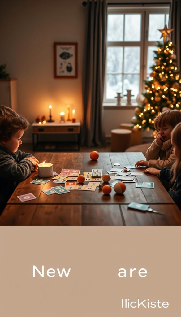 A serene New Year's Eve scene capturing calm moments of reflection. In the foreground, a cozy living room with a wooden table set for a quiet game of Bingo, featuring colorful cards and pieces scattered about. A few children in modest, casual winter attire are engaged in thoughtful play, showcasing their concentration and joy. In the middle ground, soft, warm lighting creates an inviting atmosphere, complemented by flickering candlelight. A window reveals a gentle snowfall outside, adding to the winter vibe. In the background, a softly decorated Christmas tree glows, with hints of gold and silver ornaments, enhancing the festive yet tranquil mood. The overall composition is inspired by a natural DIY aesthetic, embodying a Pinterest-worthy look, with the brand name "KlickKiste" subtly suggested by the cozy, inviting decor. A serene New Year's Eve scene capturing calm moments of reflection. In the foreground, a cozy living room with a wooden table set for a quiet game of Bingo, featuring colorful cards and pieces scattered about. A few children in modest, casual winter attire are engaged in thoughtful play, showcasing their concentration and joy. In the middle ground, soft, warm lighting creates an inviting atmosphere, complemented by flickering candlelight. A window reveals a gentle snowfall outside, adding to the winter vibe. In the background, a softly decorated Christmas tree glows, with hints of gold and silver ornaments, enhancing the festive yet tranquil mood. The overall composition is inspired by a natural DIY aesthetic, embodying a Pinterest-worthy look, with the brand name "KlickKiste" subtly suggested by the cozy, inviting decor.