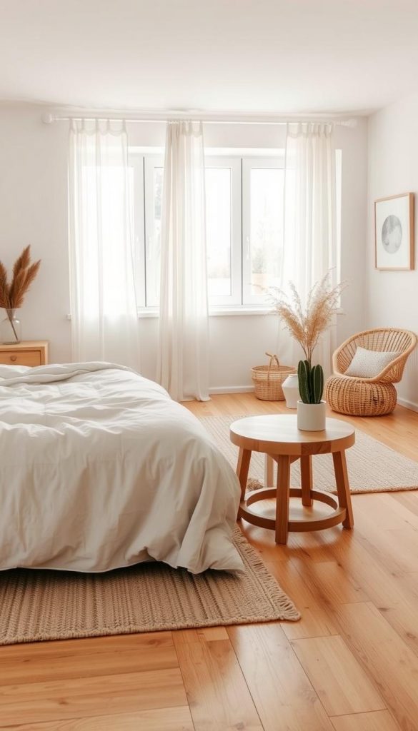A serene Scandi neutral bedroom featuring bright wood tones and simple geometric shapes. In the foreground, a cozy bed with a light gray duvet and soft, textured throw pillows. A handcrafted wooden bedside table with a minimalist lamp sits next to the bed, adorned with a small potted plant. In the middle, large windows draped with sheer curtains allow soft, natural light to fill the space, enhancing the warm, inviting atmosphere. The background showcases a neutral color palette with earthy accents, including a woven rug and minimalistic wall art. The overall vibe is cozy and functional, capturing a winter ambiance, perfect for DIY inspiration. This friendly, inviting scene embodies the spirit of KlickKiste, aiming to give a true Pinterest-like aesthetic without any text or distractions.