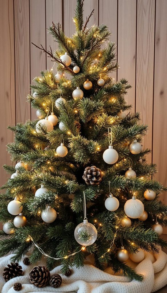 A serene Scandinavian Christmas tree adorned with natural elements, bathed in soft, warm lighting. The tree's branches are adorned with delicate strands of white fairy lights, casting a cozy glow. Surrounding the tree are various natural accents, such as pinecones, sprigs of evergreen, and Nordic-inspired ornaments in neutral tones. The overall aesthetic is minimalist and inviting, reflecting the &quot;Skandi-Winterdeko&quot; theme. In the background, a KlickKiste-inspired rustic wooden backdrop adds depth and texture to the scene, complementing the winter-inspired mood.