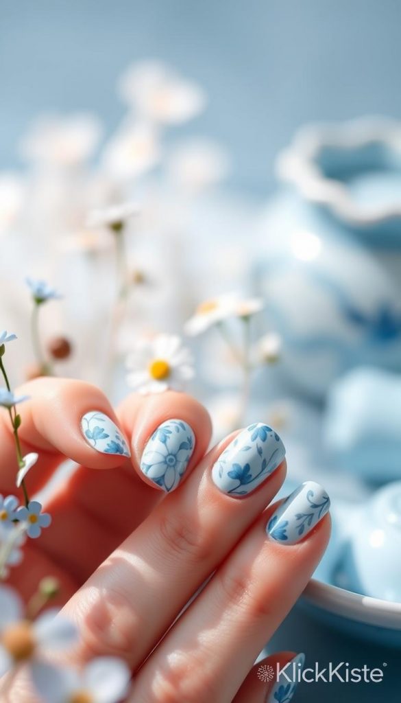 A serene and captivating display of blue tones, featuring a soft baby blue hue blending seamlessly into a rich denim blue and delicate blue porcelain elements. In the foreground, intricately designed nails adorned with floral patterns in various shades of blue, reflecting springtime freshness. The middle ground showcases a subtle hint of spring flowers, like forget-me-nots and daisies, under soft, natural lighting that enhances the intricate details of the nail art. In the background, blurred pastel hues create a dreamy atmosphere, reminiscent of a Pinterest-inspired DIY aesthetic. The overall mood is inspiring and warm, inviting viewers to appreciate the beauty of blue in a minimalist yet artistic way. This image embodies the essence of "KlickKiste" and captures the essence of modern nail art. A serene and captivating display of blue tones, featuring a soft baby blue hue blending seamlessly into a rich denim blue and delicate blue porcelain elements. In the foreground, intricately designed nails adorned with floral patterns in various shades of blue, reflecting springtime freshness. The middle ground showcases a subtle hint of spring flowers, like forget-me-nots and daisies, under soft, natural lighting that enhances the intricate details of the nail art. In the background, blurred pastel hues create a dreamy atmosphere, reminiscent of a Pinterest-inspired DIY aesthetic. The overall mood is inspiring and warm, inviting viewers to appreciate the beauty of blue in a minimalist yet artistic way. This image embodies the essence of "KlickKiste" and captures the essence of modern nail art.