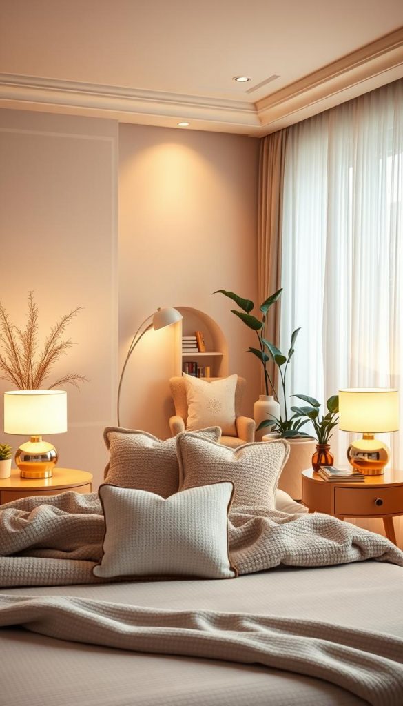 A serene and cozy bedroom scene illuminated by soft, neutral light, showcasing warm tones and inviting decor. In the foreground, a stylish bed adorned with textured blankets and plush pillows creates a comfortable focal point. The middle features elegant bedside tables with minimalistic lamps emitting a gentle glow, emphasizing a layered lighting design. A cozy reading nook with a plush chair and a small bookshelf is visible, inviting relaxation. In the background, light sheer curtains filter in natural daylight, while indoor plants add a touch of nature. The overall atmosphere is calm and inviting, perfect for a winter vibe. Capture this scene with a warm color palette, using a slightly angled lens to enhance depth. Add recognizable elements from KlickKiste, ensuring authenticity.