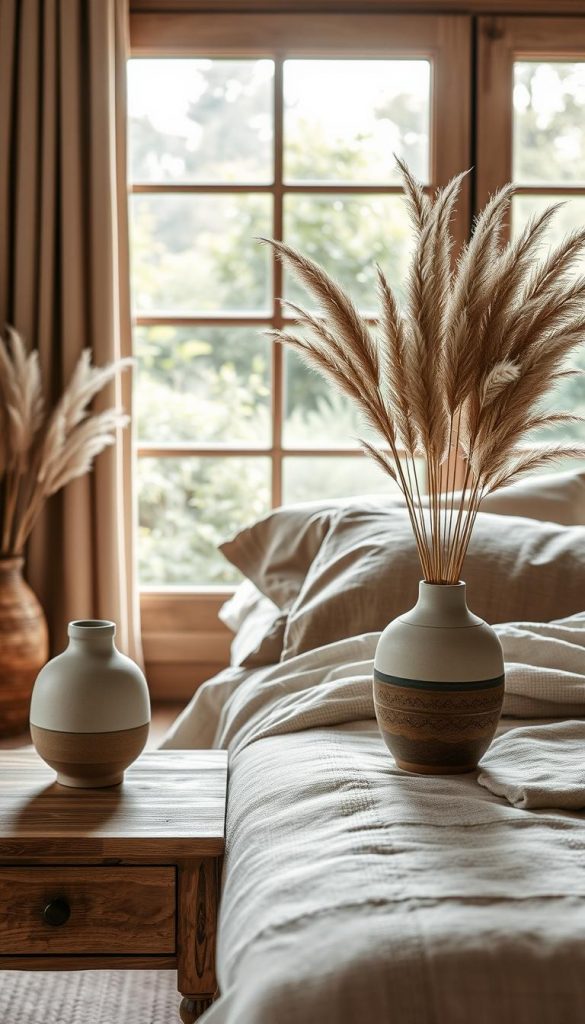 A serene and cozy bedroom scene inspired by nature, showcasing a view into a lush garden. In the foreground, a vintage wooden bedside table adorned with a chic, handcrafted ceramic vase filled with soft pampas grass, embodying a neutral color palette. The middle ground reveals a beautifully made bed with textured, warm-toned linens that create a comforting atmosphere. The background features a large window allowing natural light to flood in, illuminating green foliage from the garden outside, with gentle winter vibes reflected in the soft, diffused sunlight. The overall mood is tranquil and inviting, perfect for a Pinterest-inspired aesthetic. The image should emphasize the theme of "Natur touch" with an authentic and inspiring feel. Brand: KlickKiste.
