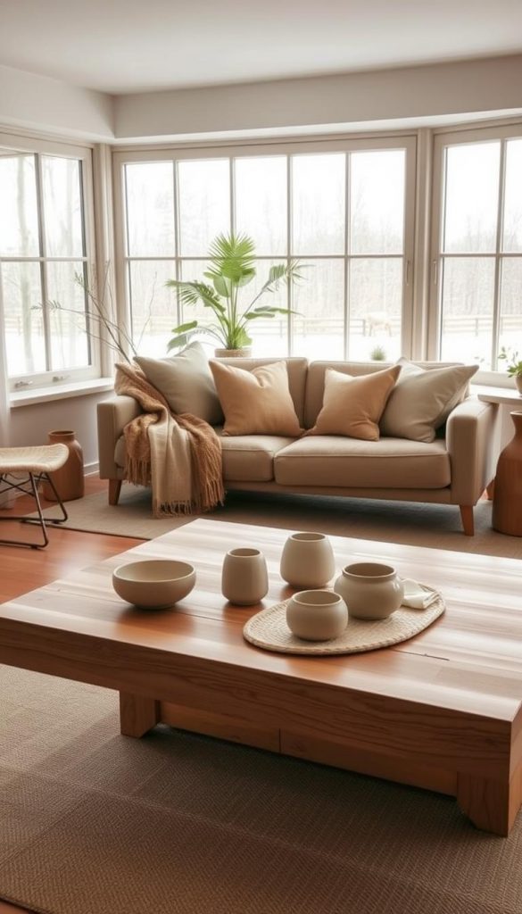 A serene and cozy indoor space designed for minimalism, featuring a harmonious blend of warm, earthy colors such as soft beige, muted terracotta, and gentle sage green. In the foreground, a neatly arranged wooden coffee table with a few organic textures, like a knitted throw and minimalistic ceramic pieces. The middle showcases a comfortable, stylish sofa adorned with neutral-toned cushions, nestled next to large windows that allow natural light to flood the room, enhancing the inviting atmosphere. The background includes subtle indoor plants that bring a touch of greenery, creating a tranquil and calming environment. The scene conveys a winter vibe, embodying a rustic yet elegant Pinterest aesthetic, perfectly suited for a &quot;KlickKiste&quot; inspired home. The lighting is soft and warm, ideal for evoking a sense of peace and comfort.