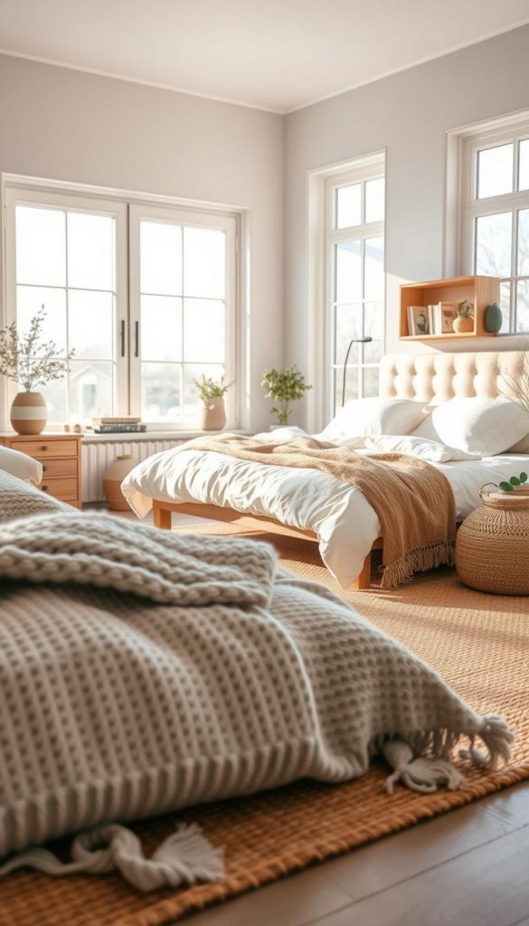 A serene and cozy neutral bedroom decor scene featuring a harmonious palette of soft beige, warm taupe, and muted greys. In the foreground, textured elements like knitted throws, linen cushions, and a jute rug create a layered appearance. The middle ground showcases a beautifully made bed with fluffy white bedding and a tufted headboard, surrounded by natural wooden furniture. In the background, large windows let in soft, diffused natural light, enhancing the warm atmosphere with gentle shadows. Accentuate winter vibes with subtle green plants and a small, rustic bookshelf filled with cozy decor items. Capture this inviting ambiance in a wide angle, focusing on warmth and comfort, fitting for a chic and inspiring Pinterest-like aesthetic, promoting the brand "KlickKiste".