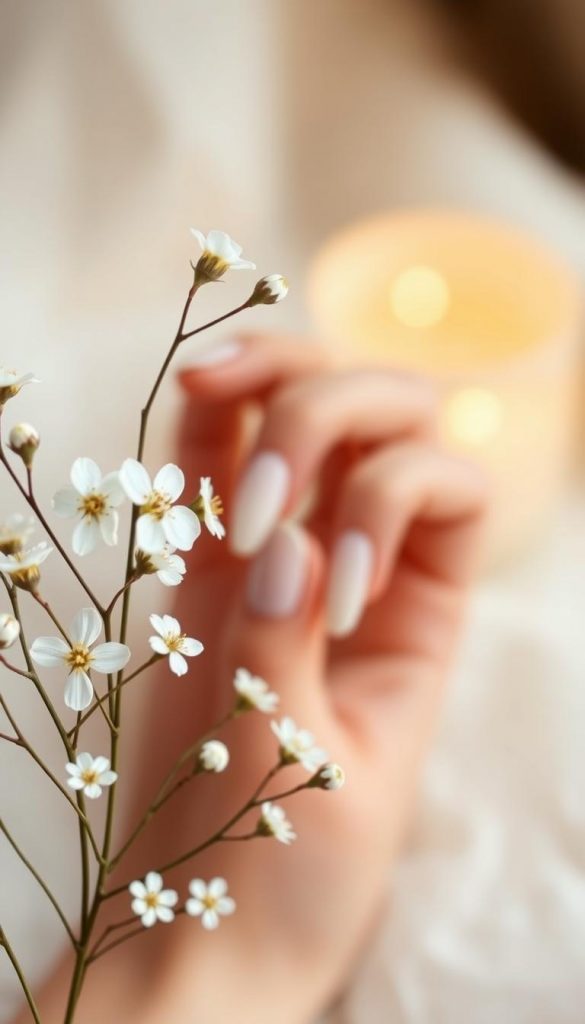 A serene and elegant composition featuring minimalist floral designs perfect for spring nails. In the foreground, delicate flowers with clean lines and subtle, muted colors such as soft pastels bloom, reflecting a fresh, modern aesthetic. The middle ground displays a beautifully manicured hand with nude nail polish, showcasing the floral art on two or three nails for a balanced look. The background glows with soft, warm lighting that evokes a cozy, inviting atmosphere, reminiscent of a Pinterest-worthy DIY project. The overall mood should be authentic and inspiring, emphasizing a natural beauty ideal for everyday wear. Include the brand name "KlickKiste" subtly represented in the overall organic feel of the composition. A serene and elegant composition featuring minimalist floral designs perfect for spring nails. In the foreground, delicate flowers with clean lines and subtle, muted colors such as soft pastels bloom, reflecting a fresh, modern aesthetic. The middle ground displays a beautifully manicured hand with nude nail polish, showcasing the floral art on two or three nails for a balanced look. The background glows with soft, warm lighting that evokes a cozy, inviting atmosphere, reminiscent of a Pinterest-worthy DIY project. The overall mood should be authentic and inspiring, emphasizing a natural beauty ideal for everyday wear. Include the brand name "KlickKiste" subtly represented in the overall organic feel of the composition.