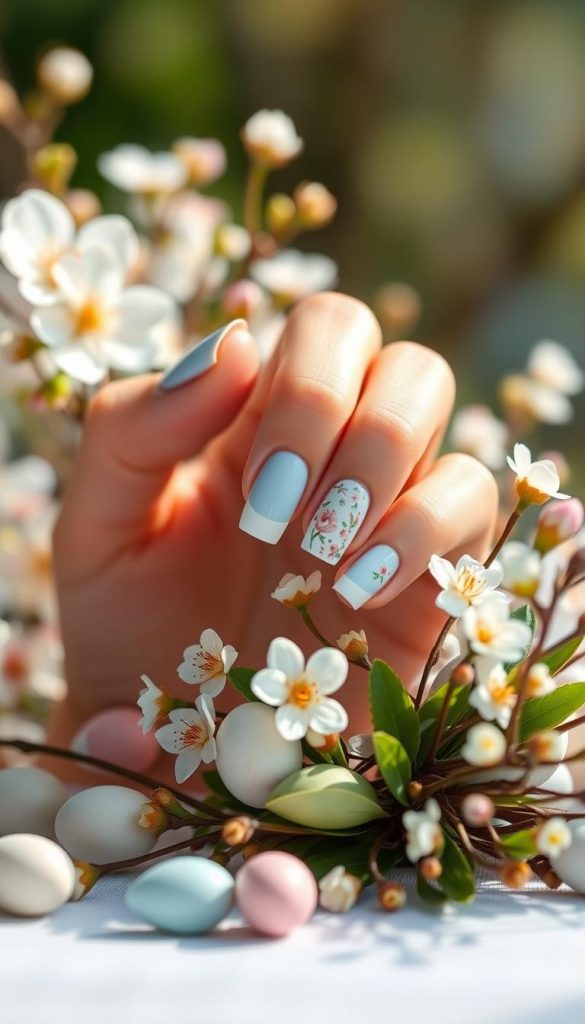 A serene and elegant composition featuring pastel French baby blue nail designs inspired by Easter brunch. In the foreground, display a hand with beautifully manicured nails showcasing a mix of French tips and delicate floral patterns. Use soft lighting to create a gentle glow, emphasizing the nails' glossy finish. The middle layer includes subtle decorations like small pastel-colored eggs and flowers artistically arranged around the hand, enhancing the springtime feel. In the background, create a light, airy atmosphere with a blurred garden setting, filled with budding blossoms and lush greenery. The overall mood is peaceful and inspiring, embodying a Pinterest-worthy aesthetic, perfect for showcasing chic nail art trends. This image represents the brand "KlickKiste."