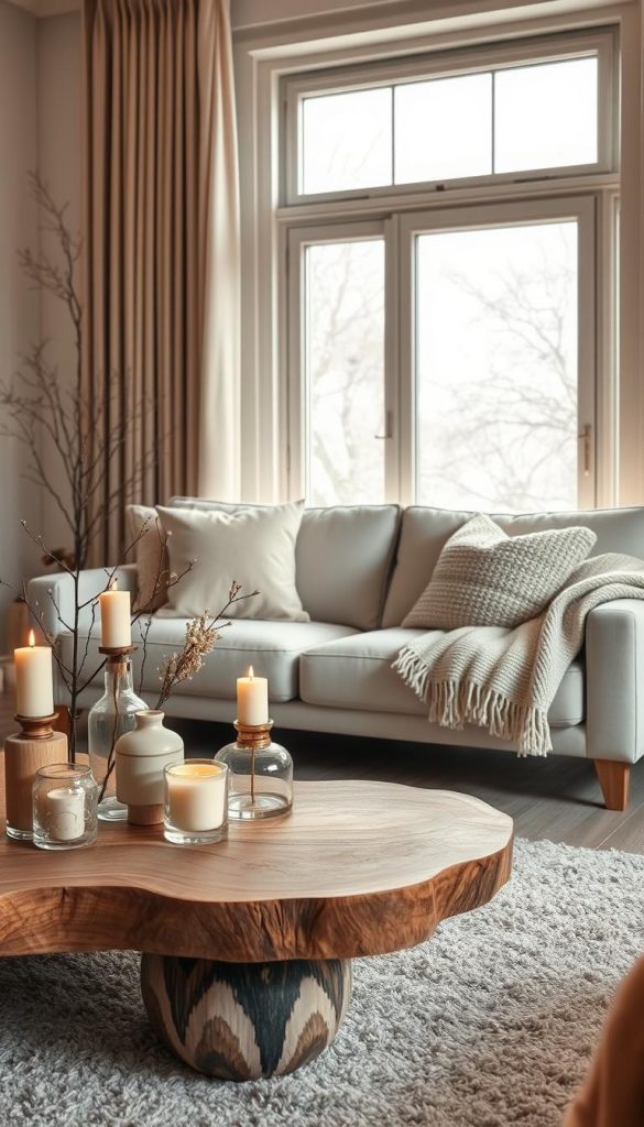 A serene and elegant living room scene that embodies the essence of neutral winter decor. In the foreground, a beautifully arranged coffee table with natural wooden textures, adorned with warm-toned decorative elements like soft candles and minimalistic vases, exudes authenticity. The middle ground features a stylishly designed sofa draped with plush throw blankets in soft neutrals and a knitted cushion, inviting relaxation. The background showcases a window revealing a gentle snowfall outside, filtered by soft, ambient lighting that creates a cozy atmosphere. The color palette is warm and soft, with beige, cream, and hints of muted greens. The overall mood is tranquil and high-quality, reflecting the essence of winter vibes. This image represents the brand "KlickKiste," capturing inspiring DIY decor ideas for an elevated, serene winter look.