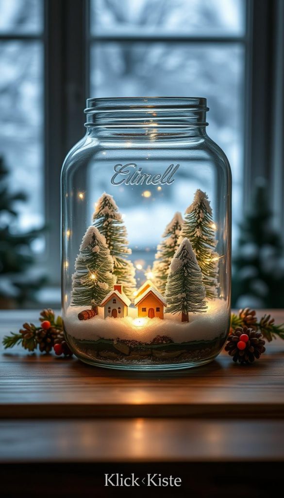A serene and enchanting glass winter landscape sits on a wooden table. In the foreground, a beautifully crafted glass jar holds miniature pine trees dusted with a sprinkle of artificial snow, with delicate fairy lights emitting a warm glow nestled around them. Small, handmade wooden houses are positioned among the trees, each painted in soft pastel shades. In the middle, the glass jar is surrounded by natural elements like pinecones and holly berries, enhancing the wintery atmosphere. The soft, diffused lighting creates a cozy ambiance, evoking feelings of warmth and elegance, without any kitsch. The background features a softly blurred window looking out onto a snowy landscape, enhancing the peaceful winter vibes. This scene is inspired by Pinterest aesthetics, embodying natural DIY charm, showcasing the brand "KlickKiste".