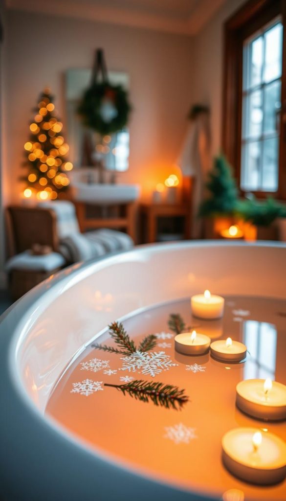 A serene and festive bathroom scene featuring floating decorative elements representing a winter holiday theme. In the foreground, delicate candles and handcrafted ornaments float gently atop a warm, inviting bath, softly glowing with flickering candlelight. The middle layer includes shimmering snowflakes and subtle greenery, like pine branches, adding a touch of nature. In the background, a softly blurred bathroom setting with warm wood accents and ambient lighting creates a cozy atmosphere. The overall mood is tranquil yet festive, evoking winter vibes reminiscent of Pinterest inspirations. Emphasize natural DIY aesthetic with warm colors, and incorporate the brand name "KlickKiste" as part of the decor elements. The image should capture the essence of floating highlights as delightful decorations for special moments.