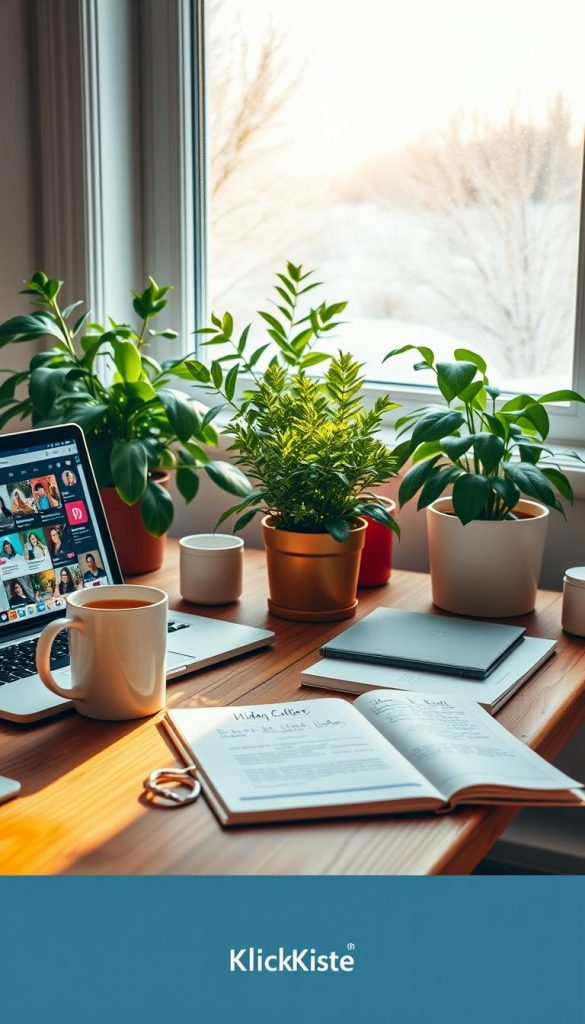 A serene and inspirational workspace scene illustrating the concept of curating social media accounts. In the foreground, a wooden desk cluttered with a laptop displaying various social media profiles, with colorful icons representing likes, posts, and accounts. A white mug of herbal tea and a notepad filled with ideas enhance the cozy atmosphere. In the middle, lush green plants and warm, soft lighting create a calming environment, evoking a sense of focus and tranquility. The background features a large window with gentle sunlight streaming through, illuminating the space, complementing the winter vibes with a soft, snowy landscape seen outside. The overall mood is inviting and motivating, showcasing a DIY aesthetic with natural, warm colors inspired by Pinterest. Include subtle branding elements of "KlickKiste" for an authentic touch. A serene and inspirational workspace scene illustrating the concept of curating social media accounts. In the foreground, a wooden desk cluttered with a laptop displaying various social media profiles, with colorful icons representing likes, posts, and accounts. A white mug of herbal tea and a notepad filled with ideas enhance the cozy atmosphere. In the middle, lush green plants and warm, soft lighting create a calming environment, evoking a sense of focus and tranquility. The background features a large window with gentle sunlight streaming through, illuminating the space, complementing the winter vibes with a soft, snowy landscape seen outside. The overall mood is inviting and motivating, showcasing a DIY aesthetic with natural, warm colors inspired by Pinterest. Include subtle branding elements of "KlickKiste" for an authentic touch.