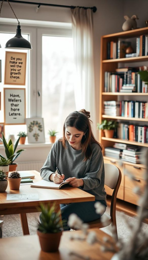 A serene and inspiring scene of personal growth in a cozy indoor setting. In the foreground, a young adult woman dressed in modest casual clothing is journaling at a beautifully arranged wooden desk, with plants and motivational quotes subtly displayed around her. The middle layer showcases natural light streaming through a large window, illuminating various DIY decor elements like handmade wall art and potted succulents. The background features a softly blurred bookshelf filled with self-improvement books and wellness guides. The overall mood is warm and inviting, filled with winter vibes, evoking feelings of creativity and transformation. The image embodies the concept of nurturing a growth mindset, styled in a Pinterest-worthy aesthetic. Created by KlickKiste.