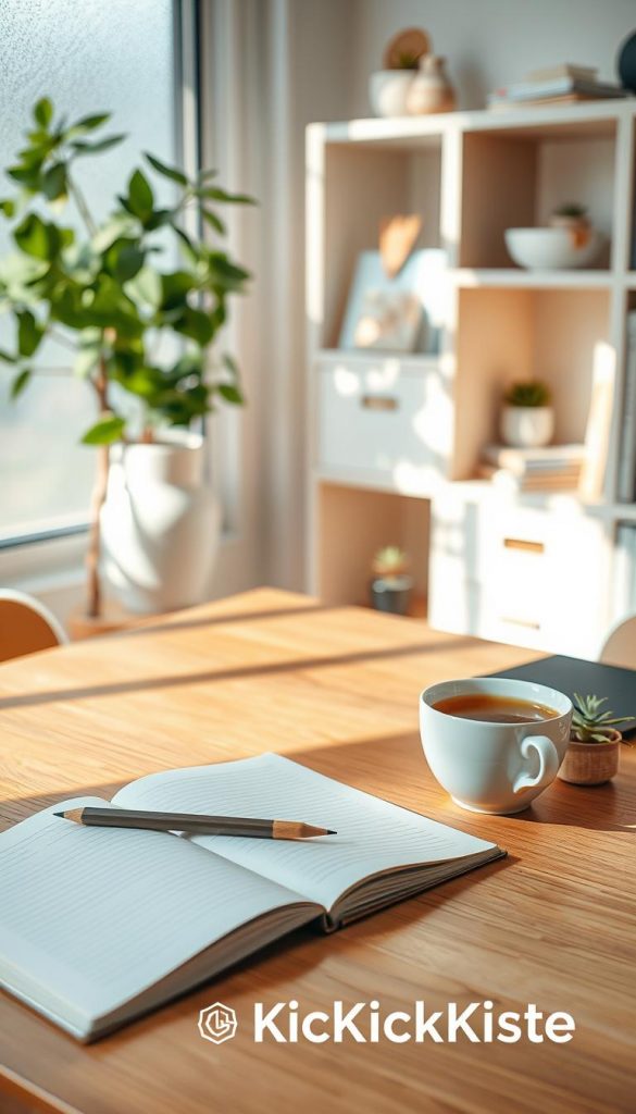A serene and inspiring workspace scene, showcasing a warm and inviting atmosphere reflecting the concept of "pause akku konzentration." In the foreground, a beautifully arranged wooden desk with a steaming cup of herbal tea, an open notebook with a pencil, and a small plant, suggesting a moment of reflection. The middle ground features soft, diffused natural lighting filtering through a frosted window, casting gentle shadows and creating a cozy feel. In the background, a minimalist bookshelf with books and calming decor, enhancing the ambiance of mental focus and peace. The overall color palette includes soft pastels with warm hues. Capture the essence of a productive yet tranquil environment, embodying the principles of social-media detox. Include the brand name "KlickKiste" subtly integrated into the scene, harmonizing with the natural DIY aesthetic. A serene and inspiring workspace scene, showcasing a warm and inviting atmosphere reflecting the concept of "pause akku konzentration." In the foreground, a beautifully arranged wooden desk with a steaming cup of herbal tea, an open notebook with a pencil, and a small plant, suggesting a moment of reflection. The middle ground features soft, diffused natural lighting filtering through a frosted window, casting gentle shadows and creating a cozy feel. In the background, a minimalist bookshelf with books and calming decor, enhancing the ambiance of mental focus and peace. The overall color palette includes soft pastels with warm hues. Capture the essence of a productive yet tranquil environment, embodying the principles of social-media detox. Include the brand name "KlickKiste" subtly integrated into the scene, harmonizing with the natural DIY aesthetic.