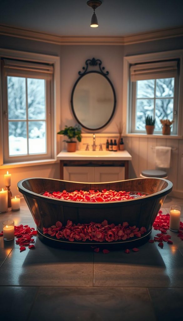 A serene and inviting bathroom designed for a home-spa experience, featuring soft, warm lighting that enhances the cozy atmosphere. In the foreground, a rustic wooden bathtub filled with rose petals floats gently, surrounded by flickering candles on the edges. The middle layer showcases a stylish sink area with elegant decor, including potted indoor plants and aromatic oils neatly arranged. In the background, a window reveals a snow-dusted landscape, emphasizing winter vibes. The overall mood is romantic and calming, ideal for a Valentine's setting. Capture this scene with a soft focus lens to create a dreamy depth, reflecting the brand essence of "KlickKiste" through natural DIY aesthetics and a Pinterest-worthy look.