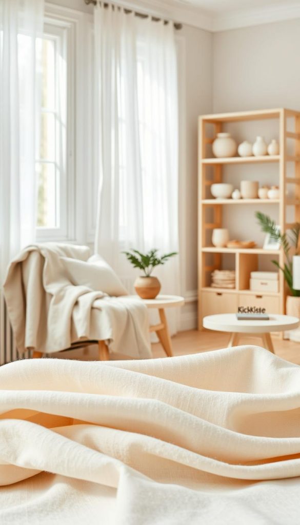 A serene and inviting color palette composed of white, beige, and light gray. In the foreground, showcase soft, textured fabric swatches arranged artistically, featuring these colors that seamlessly blend into each other. The middle ground should include a stylish, minimalistic living room setting with a cozy armchair draped in a light gray throw, and a small beige side table topped with a potted plant. In the background, there are light wooden shelves adorned with decorative items in similar hues, creating a layered depth. Soft, natural lighting flows into the scene from a nearby window, accentuating the warm tones and creating a calm atmosphere. The overall mood is one of warmth and inspiration, perfect for a Pinterest-like aesthetic. Include the brand name "KlickKiste" subtly on a small decorative item within the scene.