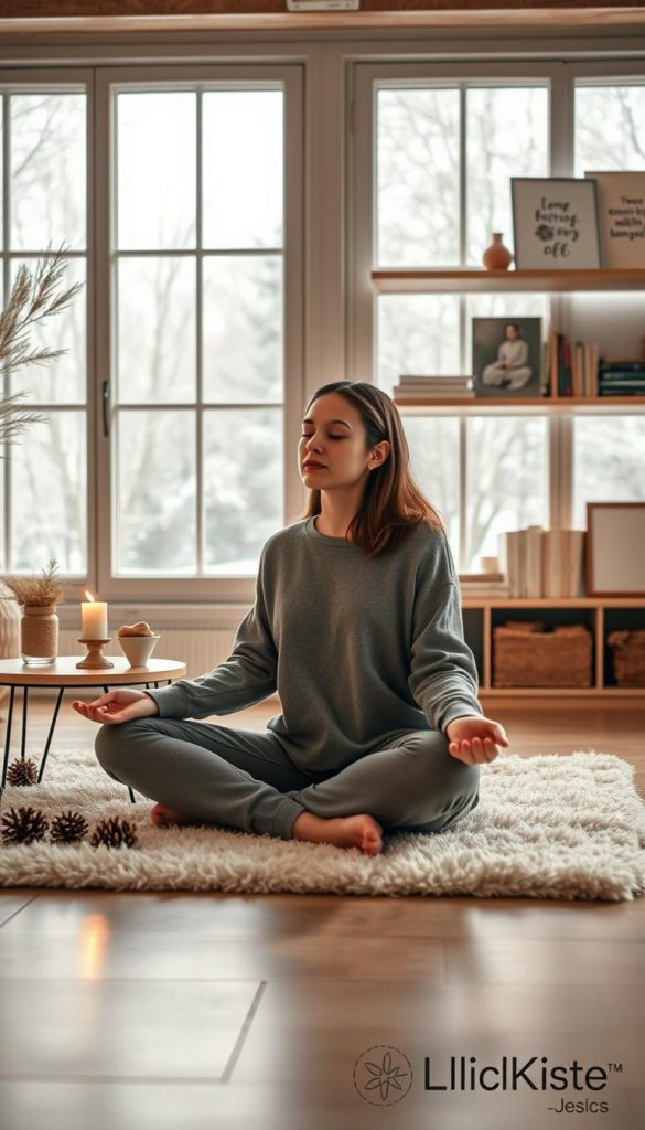 A serene and inviting indoor space designed for mini-meditation, featuring soft warm colors that evoke a cozy winter vibe. In the foreground, a person wearing comfortable, modest casual clothing sits cross-legged on a soft, plush mat, eyes gently closed, embodying tranquility. A small table beside them holds a lit candle and a few natural elements like pinecones and a small potted plant, contributing to the calming atmosphere. In the middle ground, large window panes reveal a light dusting of snow outside, enhancing the peaceful ambiance. The background should depict shelves adorned with inspirational books and calming art, bathed in soft, diffused morning light. The overall mood is one of introspection and self-love, an authentic and inspiring scene that resonates with self-care rituals. Include subtle branding for &quot;KlickKiste&quot; in a tasteful way.