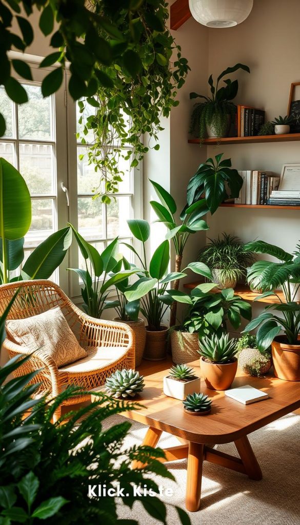 A serene and inviting interior scene showcasing biophilic design, emphasizing the color green in various lush forms. In the foreground, a cozy reading nook features a comfortable, woven chair surrounded by an array of potted plants, including ferns and snake plants, with natural light streaming through large windows. The middle ground highlights a wooden coffee table adorned with a succulent arrangement and eco-friendly decor items. In the background, a softly-lit shelf displays books and artisanal crafts made from sustainable materials, exuding a warm, Pinterest-inspired vibe. The overall atmosphere is tranquil and inspiring, reflecting themes of sustainability and natural living, branded subtly with "KlickKiste" as part of the decor. Use soft, warm lighting for a comforting feel.