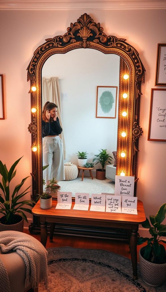 A serene and inviting scene depicting a cozy room designed for affirmations and mirror work. In the foreground, a large, ornate mirror reflects a peaceful atmosphere, surrounded by soft, warm lighting that creates an intimate feel. A modestly dressed woman, in a comfortable and stylish outfit, stands in front of the mirror, smiling gently at her reflection, embodying self-love and positivity. On the wooden table beside her, there are neatly arranged affirmations written on beautifully designed cards. The middle of the image shows a soft rug and potted plants, adding a touch of nature. The background features light pastel walls adorned with inspirational artwork, enhancing the calming mood. The overall color palette is soft and warm, evoking feelings of tranquility and self-care. Designed in the aesthetic of natural DIY inspirations, this image captures the essence of embracing self-love. Inspired by KlickKiste.