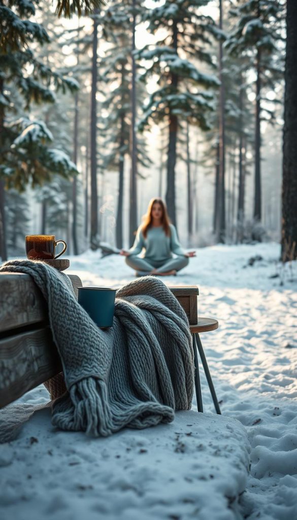 A serene and inviting scene depicting &quot;Digital Detox Naturzeit&quot; in a tranquil winter setting. Foreground: A cozy, knitted blanket draped over a rustic wooden bench, with a steaming mug of herbal tea resting on a small side table. Middle ground: A person, dressed in modest casual clothing, meditating peacefully by the edge of a frost-covered forest, surrounded by soft, muted colors. Background: Tall pine trees blanketed in light snow, with gentle sunlight filtering through the branches, creating a warm glow. The atmosphere is calm and rejuvenating, evoking a sense of peace and connection to nature. This image should embody the essence of self-care and mental tranquility, featuring soft focus and natural lighting to enhance the soothing winter vibes. Inspired by the brand KlickKiste.