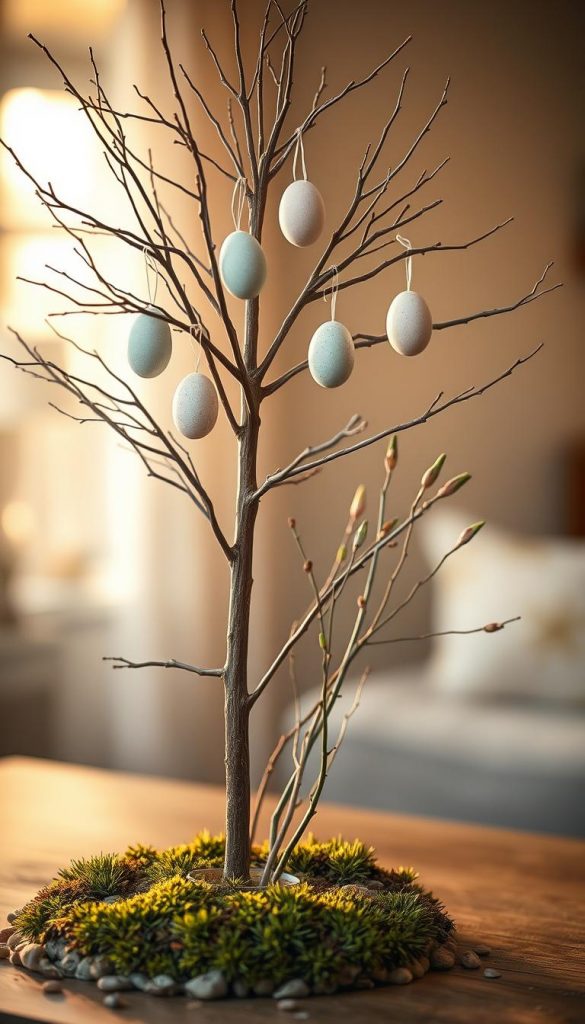 A serene and inviting scene featuring a modest, beautifully decorated Eierbaum, adorned with delicate pastel eggs hanging from bare branches, evoking a sense of early spring. The foreground showcases subtle, natural elements like moss and small pebbles around the base of the tree, enhancing its DIY rustic charm. In the middle ground, gently arranged twigs intermingle, displaying hints of budding leaves to suggest renewal. The background is softly blurred, highlighting warm, golden lighting that bathes the entire composition, reminiscent of a cozy home setting. Shot at a slight angle to emphasize depth, the overall atmosphere is warm and inspiring, perfect for a Pinterest-worthy aesthetic. The image captures the essence of natural DIY decor, reflecting KlickKiste's ethos.