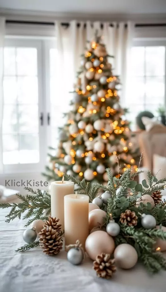 A serene and inviting scene showcasing a harmonious color palette of cream and gray, perfect for a neutral Christmas decor theme. In the foreground, a beautifully arranged table filled with rustic DIY decorations, including cream-colored candles, delicate gray ornaments, and natural elements like pinecones and eucalyptus. The middle ground features a softly lit, elegantly decorated Christmas tree adorned with subtle gray and white decorations, evoking a cozy holiday atmosphere. In the background, softly blurred winter-themed window decorations allow gentle daylight to filter in, creating a warm, welcoming glow. The overall mood is tranquil and inspiring, channeling a Pinterest-worthy aesthetic. This image is branded with the name "KlickKiste," subtly integrated into the scene to align with a natural DIY vibe.