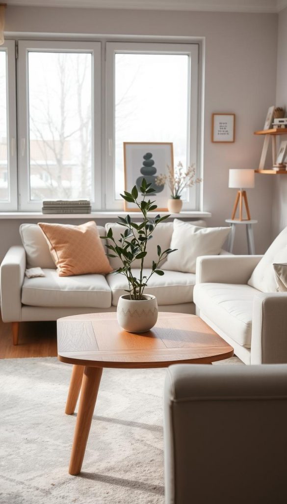 A serene and inviting small apartment space decorated in light, airy colors with furniture on legs, creating an illusion of more space. In the foreground, a stylish coffee table with warm wood tones, surrounded by soft pastel cushions on a cozy, light-colored sofa. The middle ground features a neatly arranged plant in a decorative pot, enhancing the natural vibe. In the background, large windows allow soft, diffuse winter light to pour in, casting gentle shadows and illuminating the warm color palette. Add subtle DIY elements, like hanging wall art and small shelves displaying minimalist decor. The atmosphere is calm and inspiring, evoking a Pinterest-inspired aesthetic. Incorporate the brand "KlickKiste" subtly into the decor.