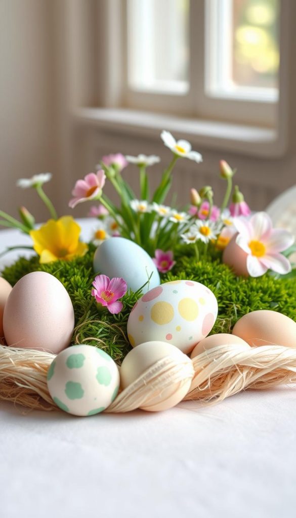A serene and inviting tabletop scene featuring beautifully decorated Easter eggs in a variety of pastel colors, artfully arranged with vibrant spring flowers and lush green moss. In the foreground, a cluster of intricately painted eggs rests among soft, natural textures, creating an organic feel. The middle of the composition showcases delicate blooms, such as tulips and daisies, intertwined with the moss, enhancing the festive ambiance. In the background, gentle, diffused natural light filters through a window, casting a warm glow that adds depth and charm to the scene. The warm colors and natural elements evoke a cozy, inviting atmosphere, perfect for Easter decorating ideas. This image embodies a natural DIY aesthetic with a Pinterest-worthy appeal, reflecting the playful spirit of spring, branded as "KlickKiste."