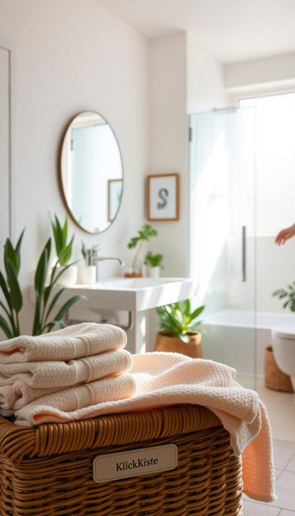 A serene and organized bathroom scene, featuring natural DIY elements with warm colors. In the foreground, neatly arranged towels in soft pastel shades, perhaps stacked in a stylish wicker basket labeled "KlickKiste." The middle section includes a modern sink with simple, elegant toiletries, surrounded by a few potted plants for a touch of greenery. Soft natural light streams in from a frosted window, casting gentle shadows and highlighting the clean surfaces. In the background, a minimalist shower area enhances the feeling of space, decorated with a few artistic touches like a framed mirror and calming artwork. The mood is tranquil and inviting, embodying a Pinterest-inspired aesthetic that promotes decluttering and simplicity.