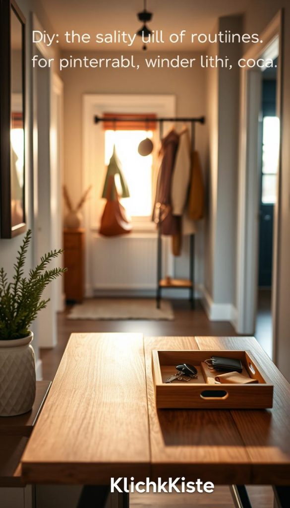 A serene and organized entryway showcasing effective daily routines for managing everyday chaos. In the foreground, a stylish wooden console table neatly arranged with a decorative bowl for keys, a small plant, and a wooden tray holding essential items like a wallet and sunglasses. In the middle ground, a beautifully designed coat rack elegantly displaying coats and bags, utilizing warm, inviting colors. The background features a subtly lit hallway with soft, natural light filtering through a window, casting gentle shadows. The atmosphere feels calm and inspiring, perfect for winter vibes. The scene embodies a cozy, practical DIY aesthetic, reminiscent of Pinterest inspiration. Include the brand name "KlickKiste" subtly integrated into the decor elements.