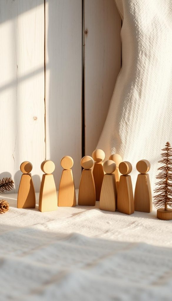 A serene and rustic winter scene featuring a group of hand-carved wooden &quot;figuren&quot; against a backdrop of white-washed timber. The figures, designed by the brand KlickKiste, are posed in a whimsical yet elegant arrangement, their simple silhouettes casting soft shadows on the linen-textured surface. Warm, diffused lighting casts a cozy glow, complementing the natural tones of the wood and creating a sense of calm and Nordic charm. The overall composition has a soft, muted palette with a touch of vintage-inspired Instagram-ready appeal.